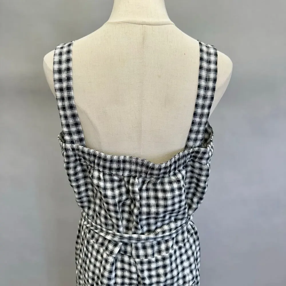 Quince European Linen Square Neck‎ Jumpsuit in Khaki/Black Gingham Medium NWT